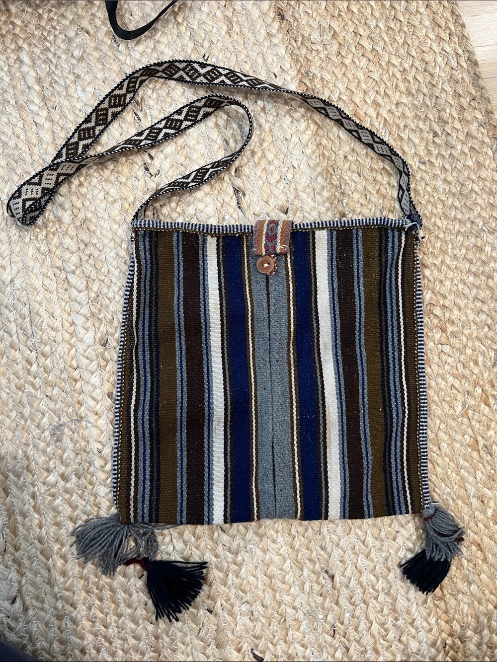 Handwoven Striped Crossbody Bag Blue & Brown made in Peru